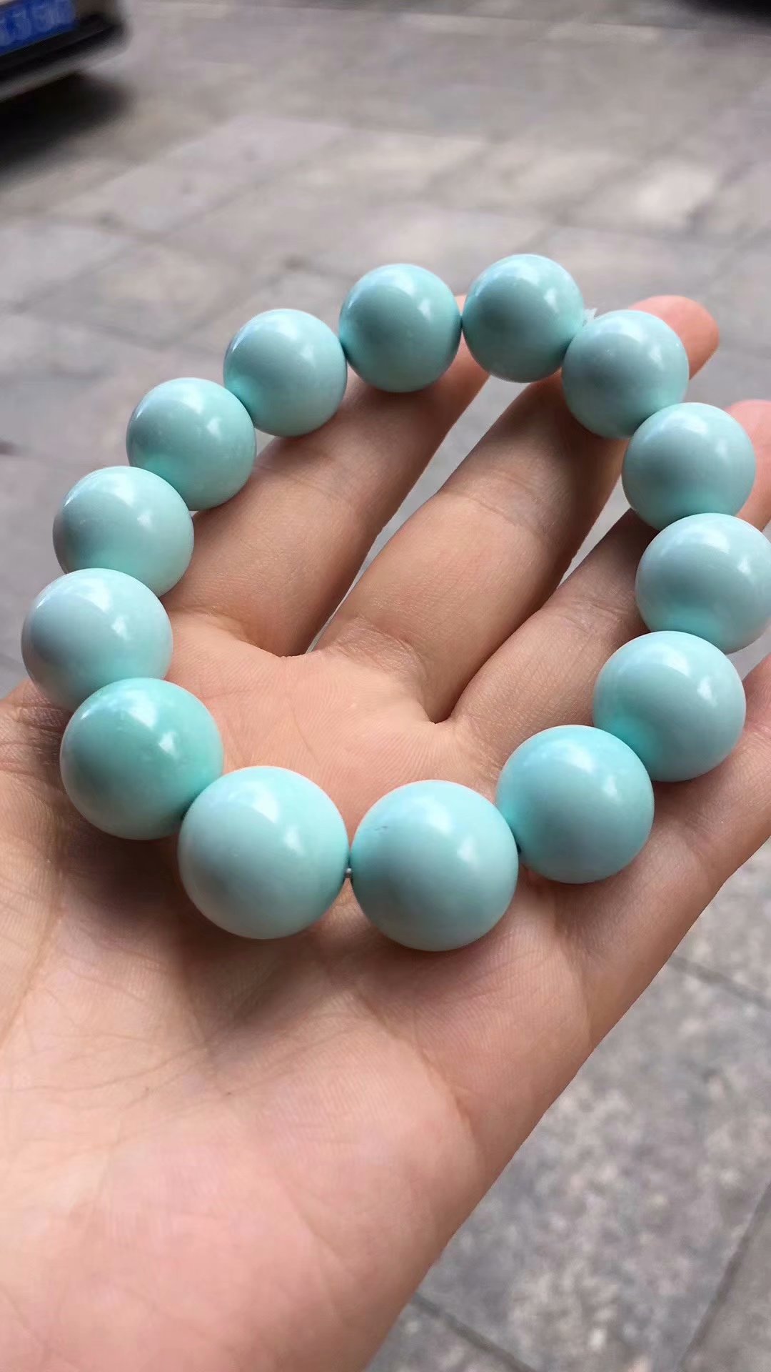 天然原矿高瓷秦古919矿口一窝料绿松石圆珠手串收藏品 附地大证书