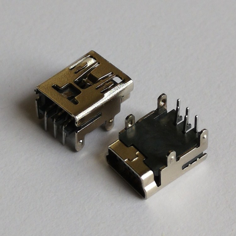 工厂生产mini 5p插板式90度母座2.0迷你usb四脚固定端子铜壳母座