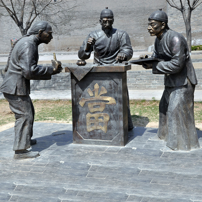 玻璃钢仿铜古代典当行店掌柜人物雕塑 广场当铺门口民俗小品摆件