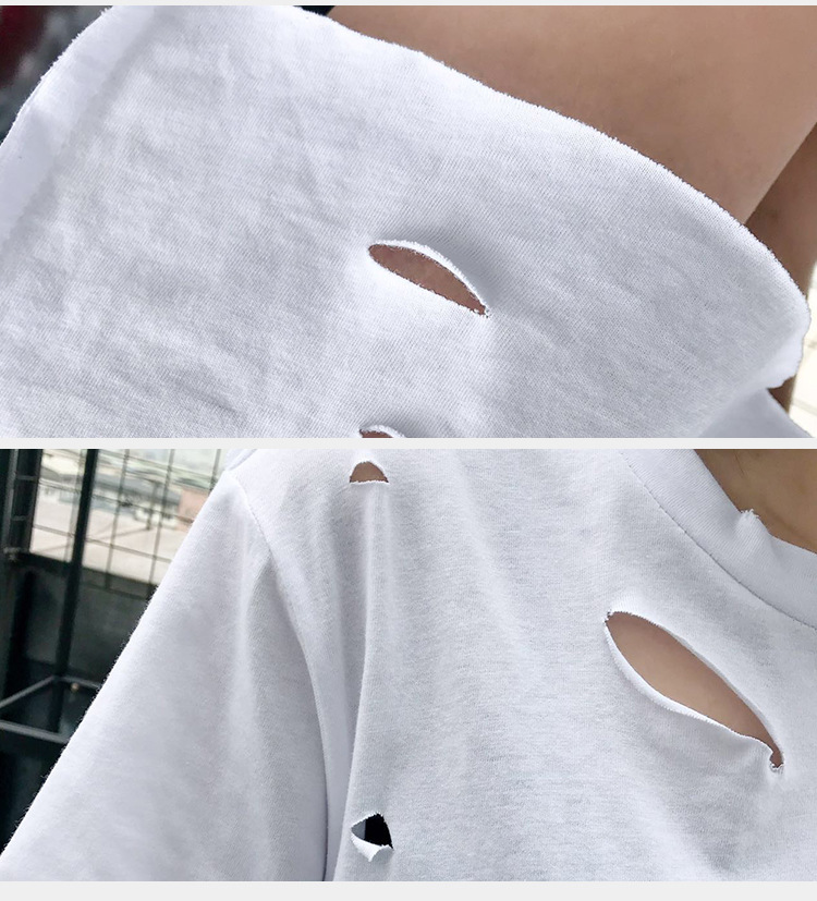 夏季新款韩版休闲字母白色宽松纯棉圆领短袖t恤女破洞上衣潮流