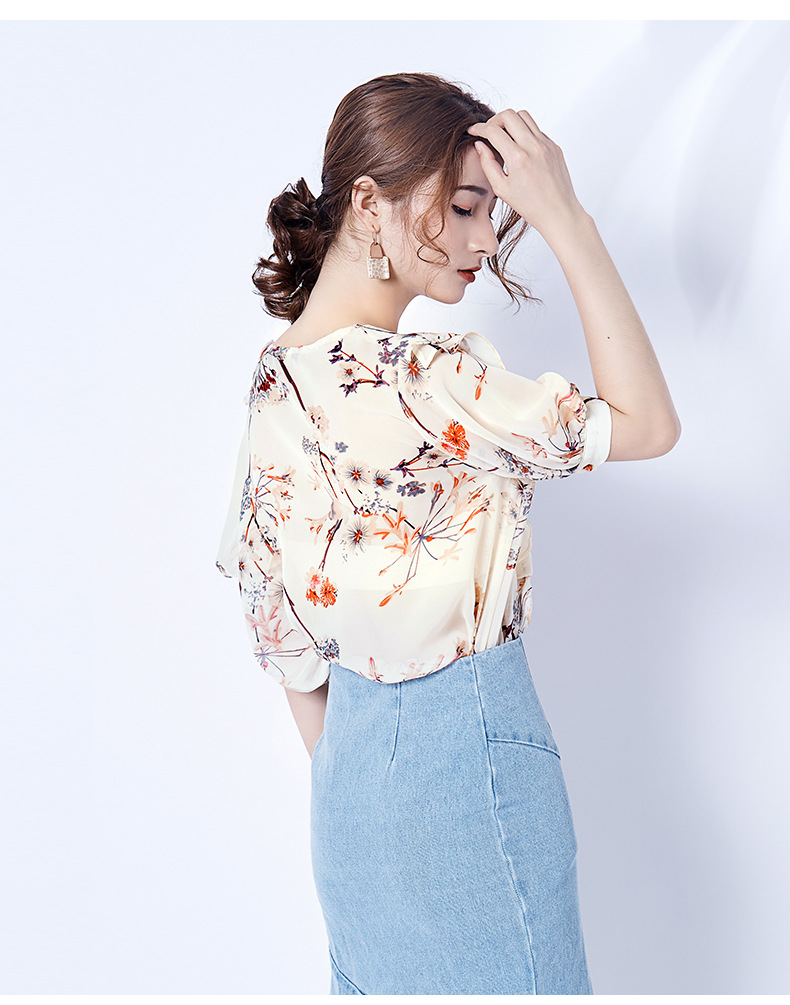2018夏季新款韩版宽松v领波浪边雪纺衫灯笼袖印花女上衣18275