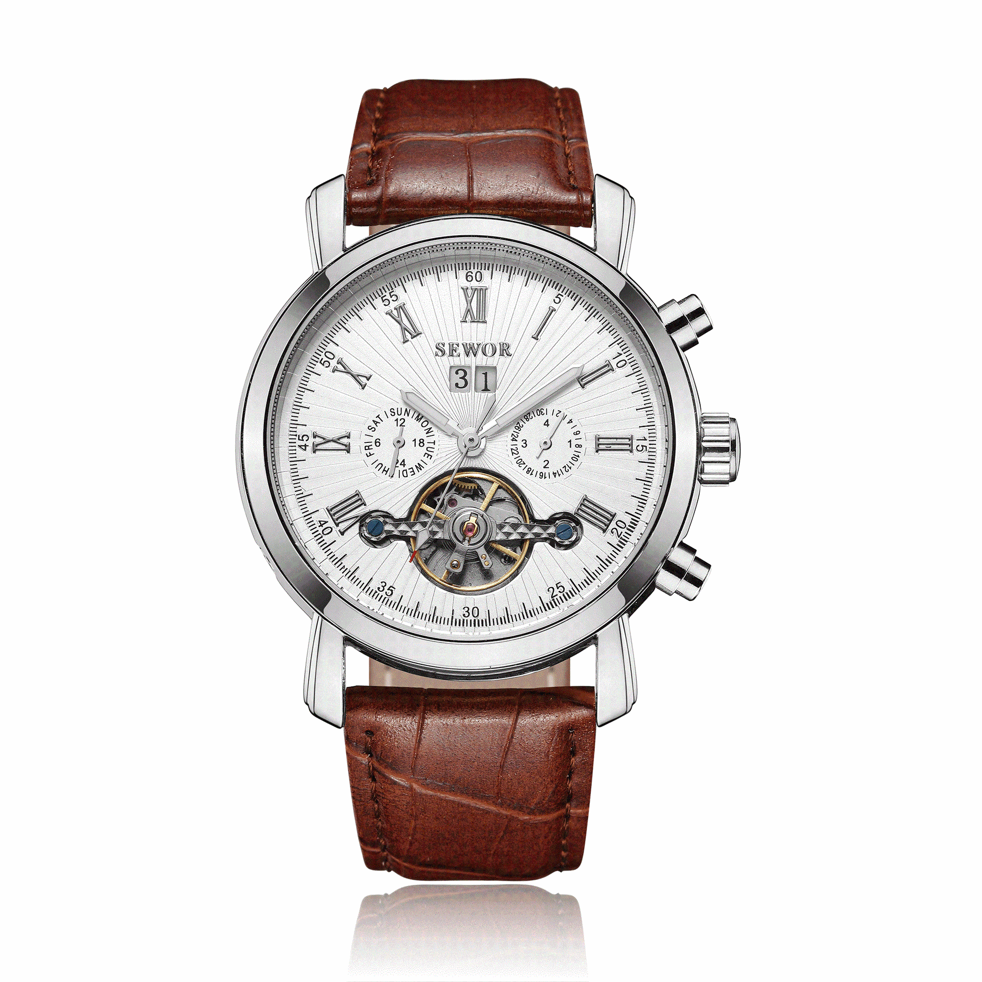 sewor正品机械表 速卖通爆款陀飞轮机械表镂空男士皮带腕表带日历