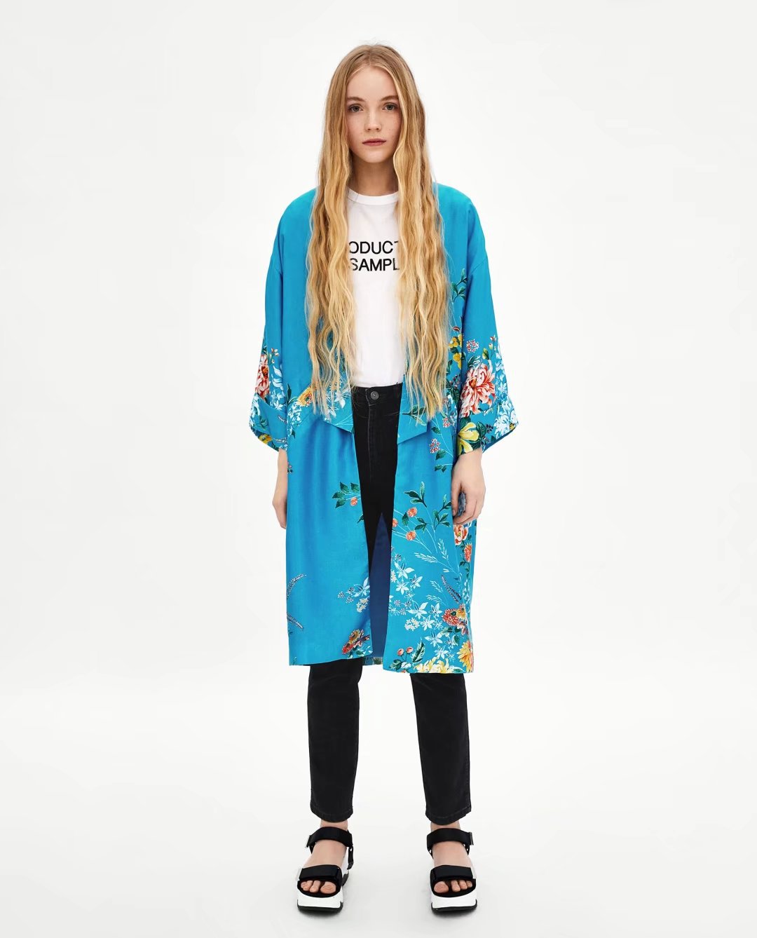 欧美风宽松长款和服式印花外套 2018春夏新款宽松长开衫x7-8087