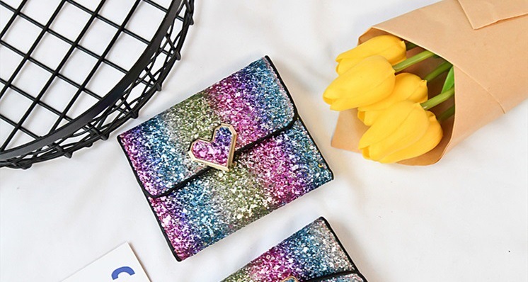 批发2018亮片钱包女短款 炫彩卡包手拿包零 二折多卡位女士零钱夹