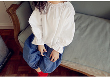韩版童装时尚春秋新款女童小童 公主范泡泡袖棉净色衬衫