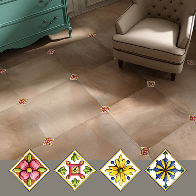 瓷砖贴地板花砖贴纸客厅遮挡装饰贴对角贴耐磨对角贴手绘装饰贴