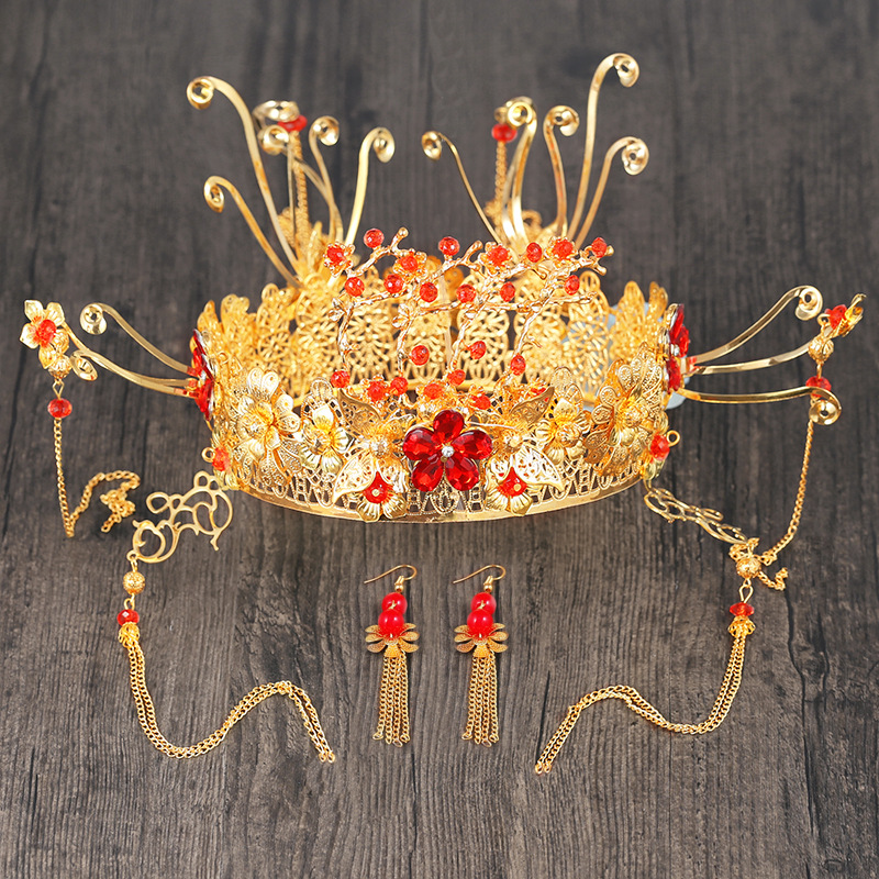 新款中式复古新娘秀禾服头饰大气奢华金色流苏凤冠古装龙凤褂饰品