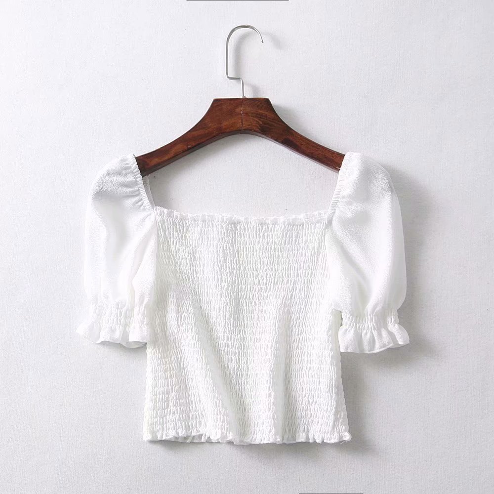 欧洲站2018夏季女装复古方领公主袖紧身短款上衣褶皱修身短袖t恤