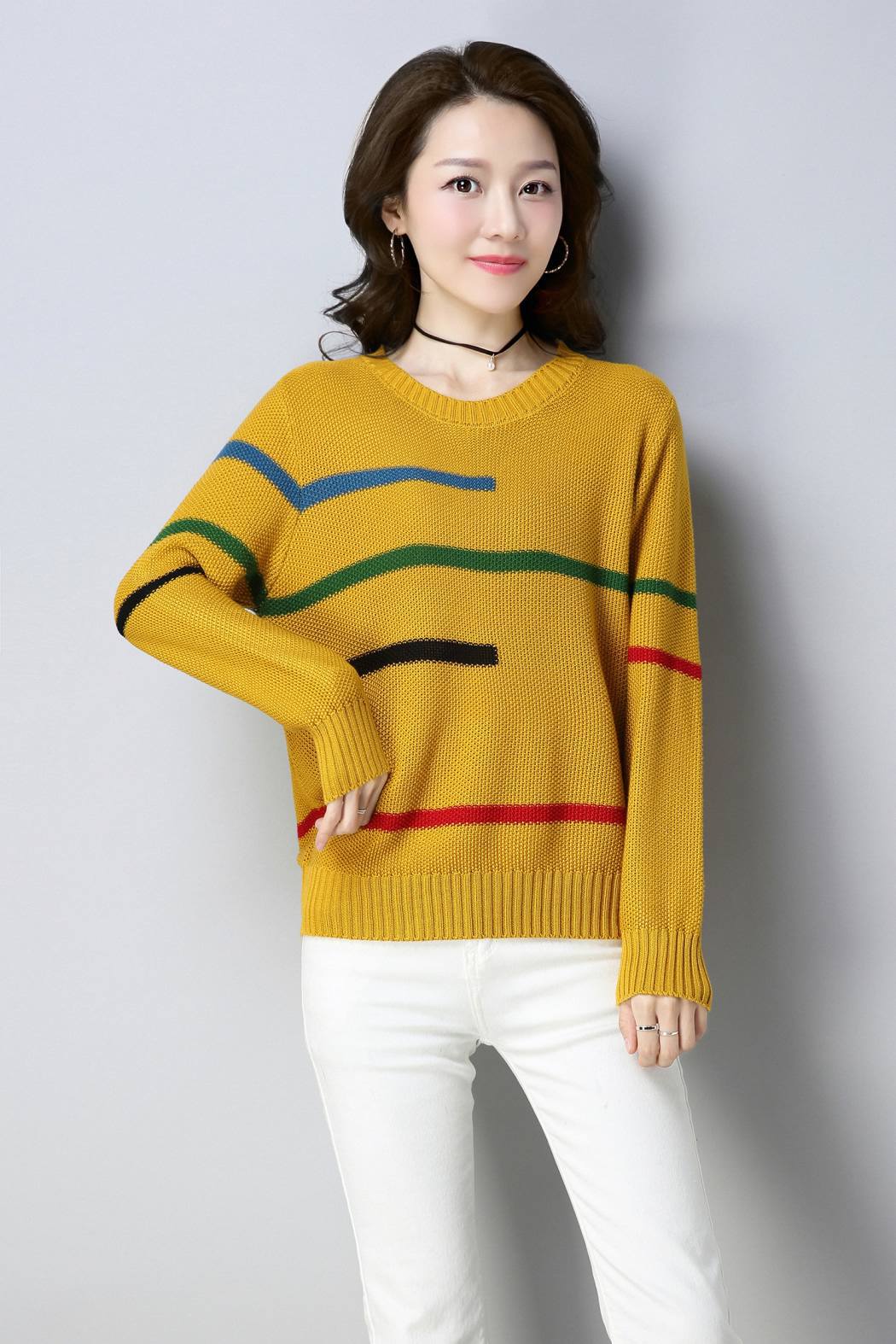 新款针织衫_2018圆领套头针织衫 韩版撞色条纹宽松女装批发 - 阿里巴