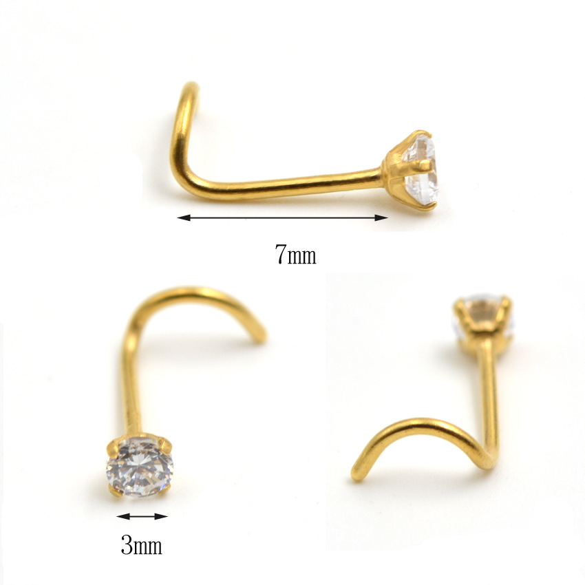 European and American AAA round Zircon Curved S Nose Stud Body Puncture Medical Stainless Steel Vacuum Gold Plated 5 Words Nose Stud Ornament