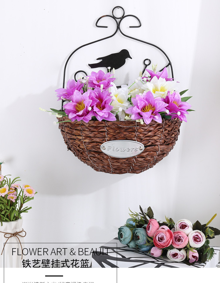铁艺壁挂蓝草柳编半挂花篮仿真花插花篮家居墙壁装饰壁挂仿真花篮