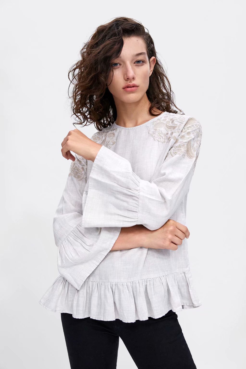 欧美批发2018秋新款 女装 刺绣荷叶边女式衬衫上衣oo6-19568