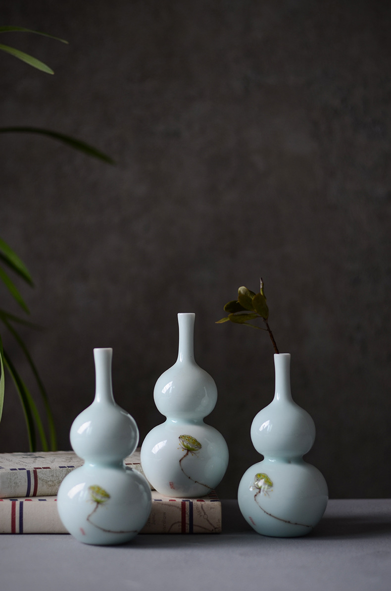 景德镇禅意复古陶瓷花插影青瓷器小花瓶手绘花器葫芦花瓶茶道摆件