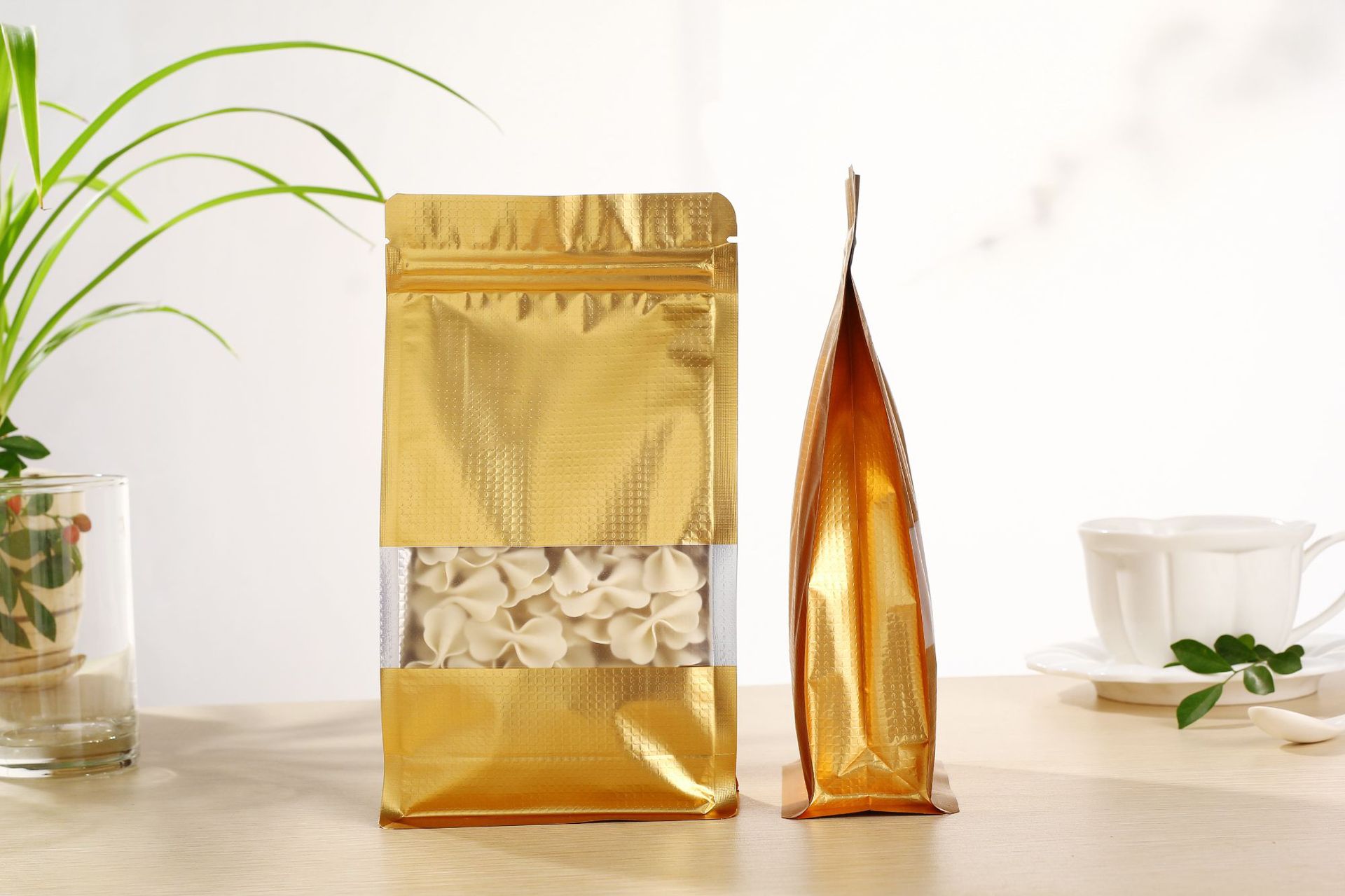 现货金色铝箔压纹八边封开窗自封袋铝箔自封袋零食坚果花茶自封袋