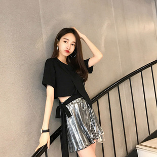 绑带短袖t恤女街头2018夏韩范学生不规则拼接开叉女生酷酷的衣服