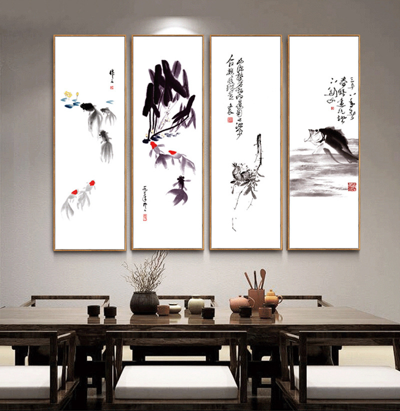 新中式水墨禅意玄关装饰画客厅书房壁画四联挂画竖长四条屏背景画