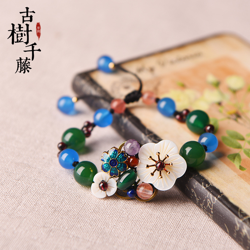 民族风手工编织手链清新文艺玛瑙手串贝壳花调节手饰批发地摊货源