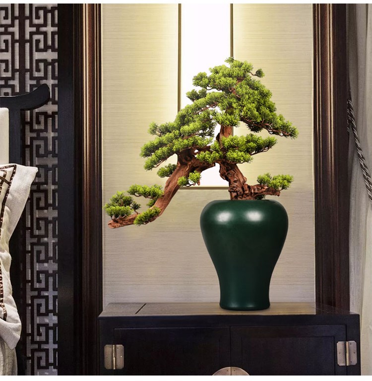 新中式仿真绿植罗汉松迎客松树盆景端景玄关茶几酒店会所展厅摆件
