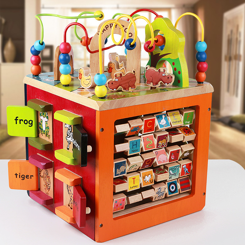 木制多功能大号四面绕珠百宝箱木质儿童串珠益智科教玩具定制批发