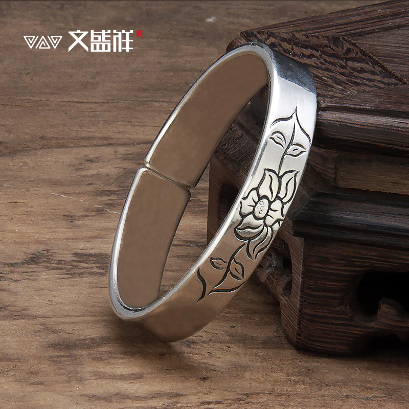 雪花银手镯999足银开口女手工雕刻荷花手镯银饰品厂家直销-阿里巴巴