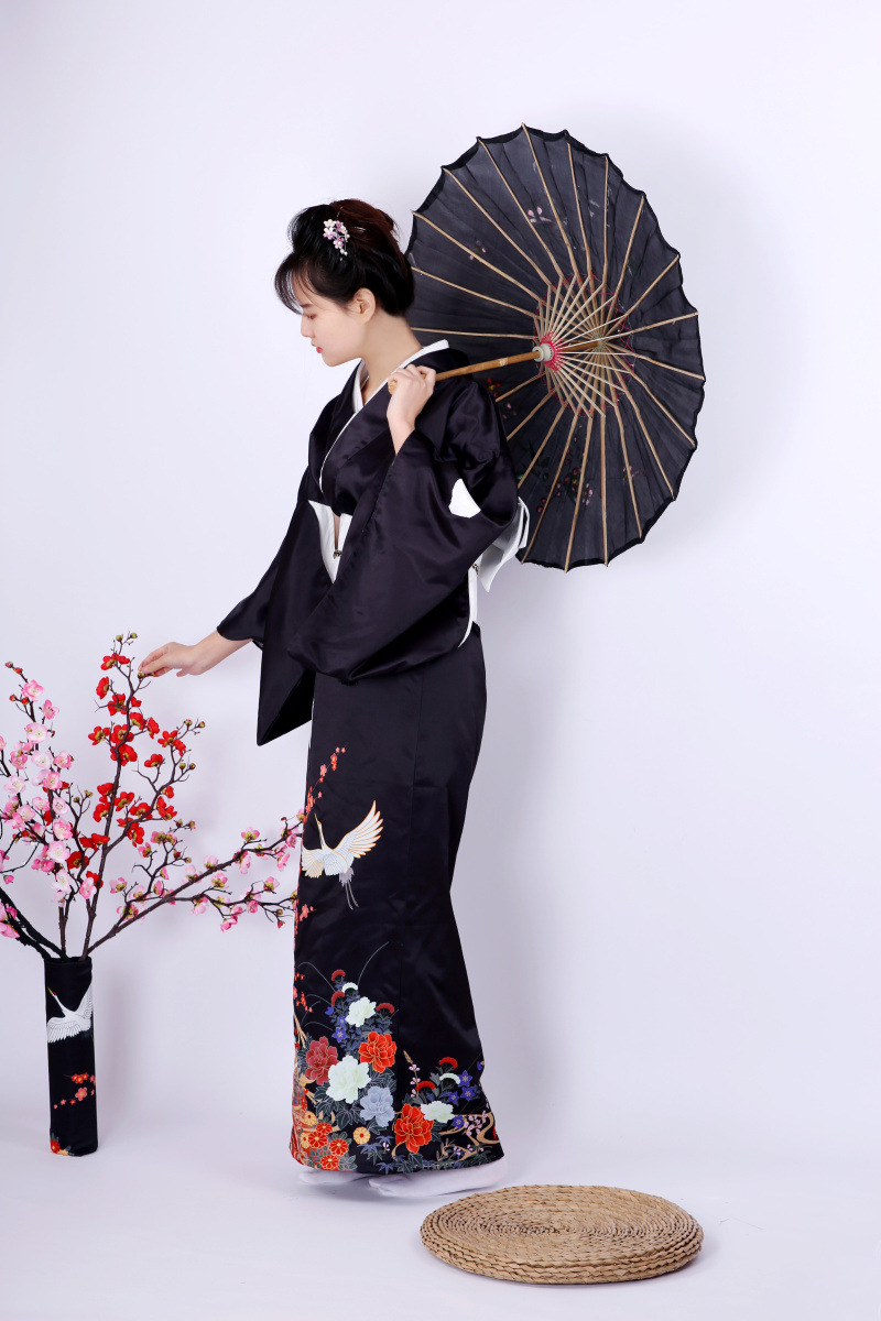 日本和服 女 和服正装黑留袖和服传统定位仙鹤柄和服