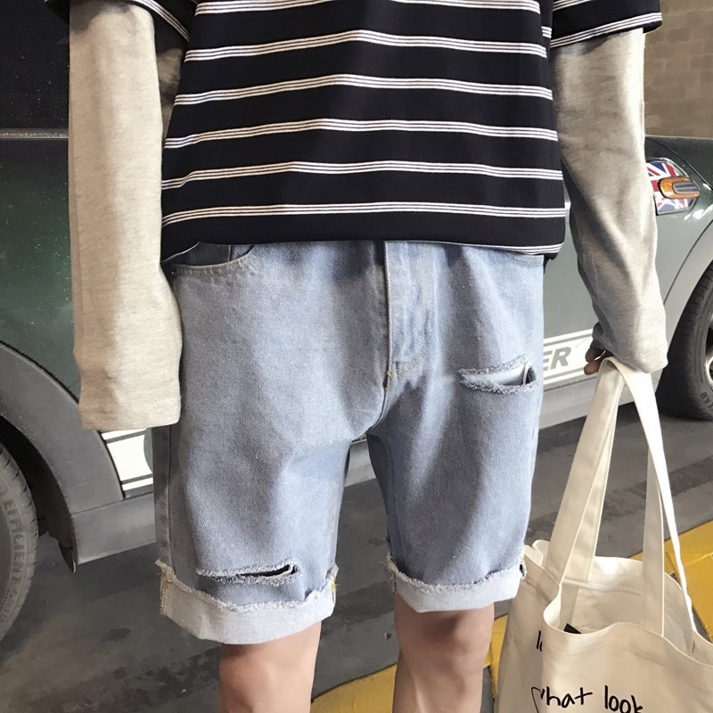 夏季情侣复古浅色浅色破洞牛仔短裤破洞青少年嘻哈五分裤-阿里巴巴