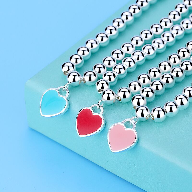 European and American Imitation S925 Sterling Silver round Beads Bracelet String Beads Enamel Peach Heart-Shaped Women's Silver Accessories Same Buddha Beads Bracelet