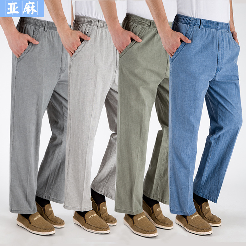   Men's Summer Thin inen Pants oose High Waist Straight Casual Pants Cotton Breathable Middle-Aged and Elderly inen Pants Wholesale