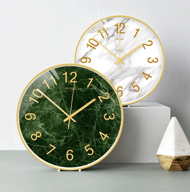 大理石纹挂钟 轻奢时钟 简约金属圆形钟表 现代创意静音扫描 o282