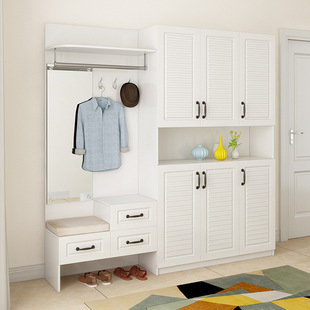 简约现代进门鞋柜多功能玄关门厅柜穿衣镜隔断柜衣帽柜白色挂衣架