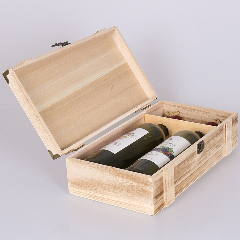 双支红酒盒桐木复古烧色木盒葡萄酒包装盒礼盒翻盖包角红酒实木盒