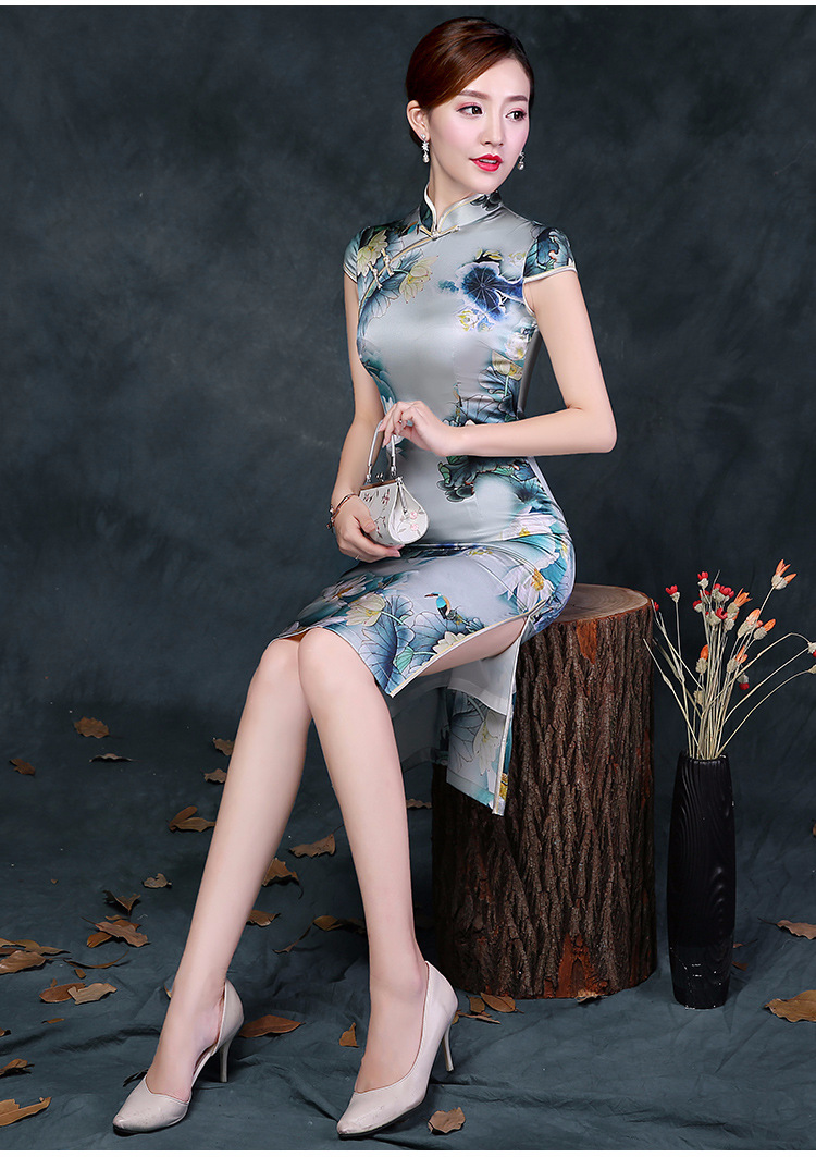苏州真丝旗袍_2018印花真丝旗袍 苏州短袖立领低开衩真丝 - 阿里巴巴
