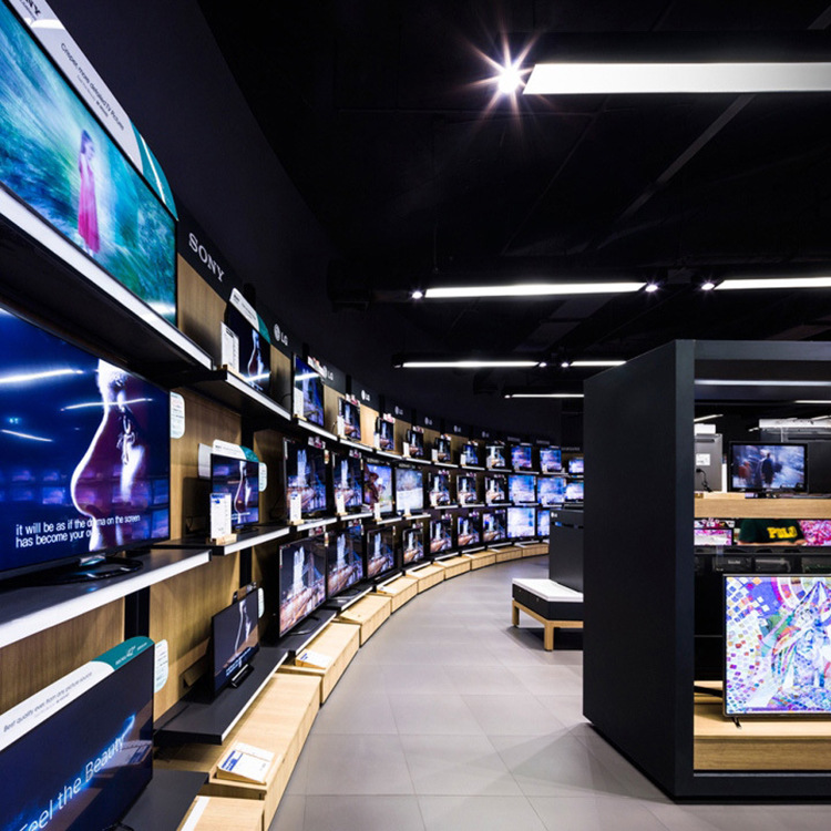 电器商城产品展示柜木质手机柜台 透明电视机高柜 靠墙整店定制