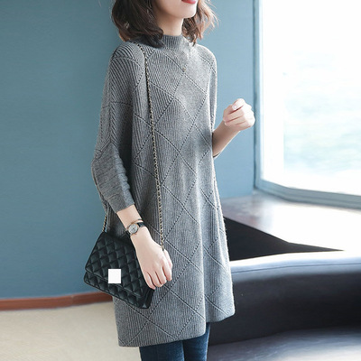 半高领蝙蝠袖中长款毛衣女2018新款上衣女宽松慵懒风毛线衣 可代