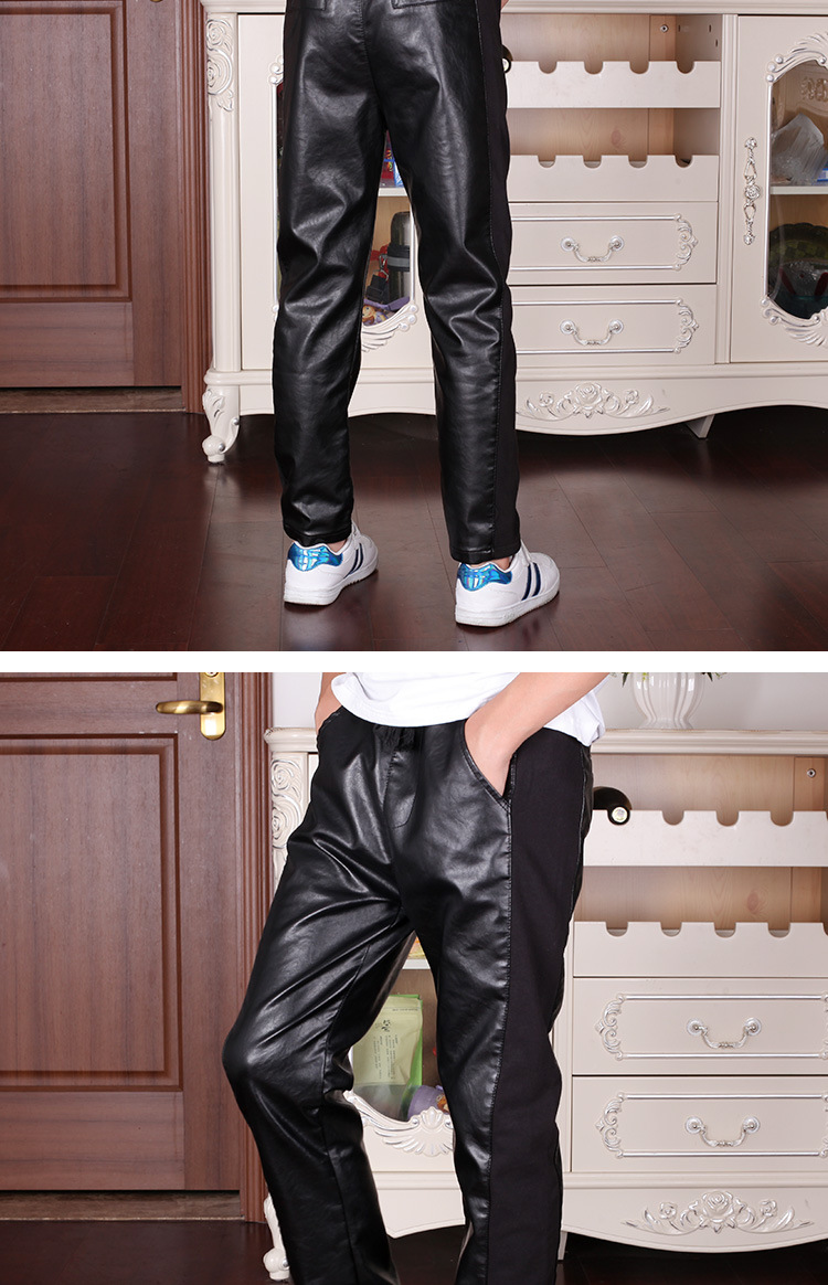 斯潘古尔儿童皮裤2019秋季新品男童时尚舒适柔软中大童黑色皮裤