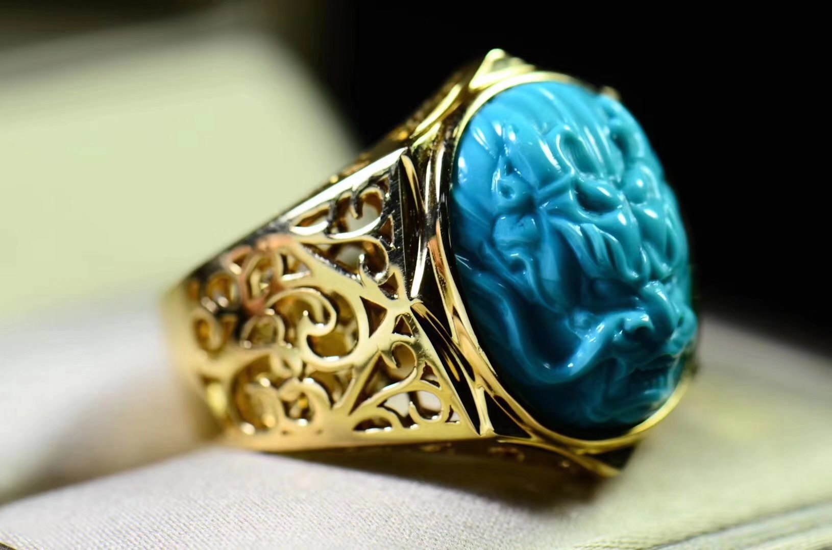 如心珠宝原矿高瓷蓝玉化料绿松石龙头男士戒指 18k金精工镶嵌湖北