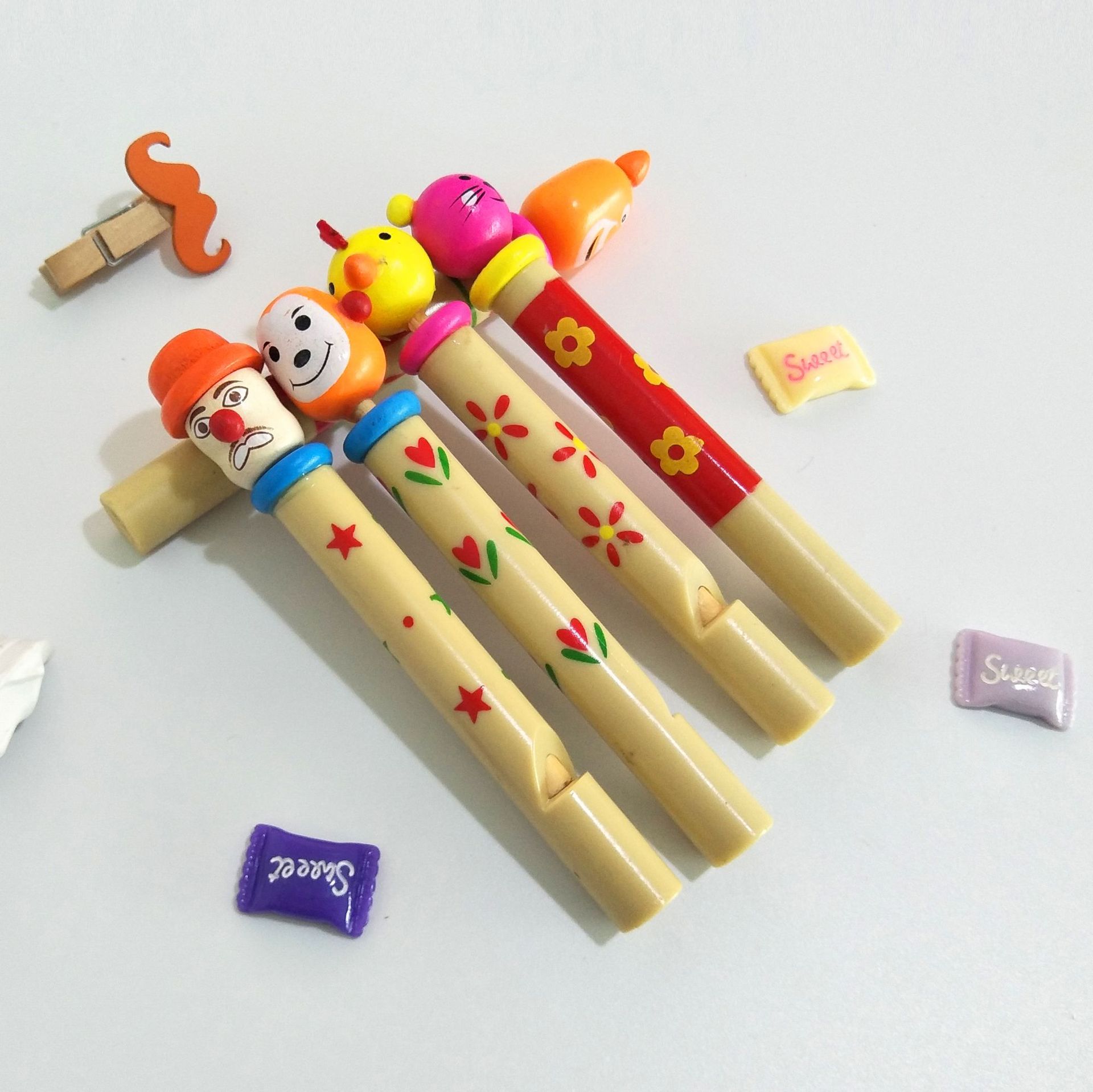 卡通动物小口哨 宝宝木质音乐玩具 推拉口哨木制玩具动物拉哨