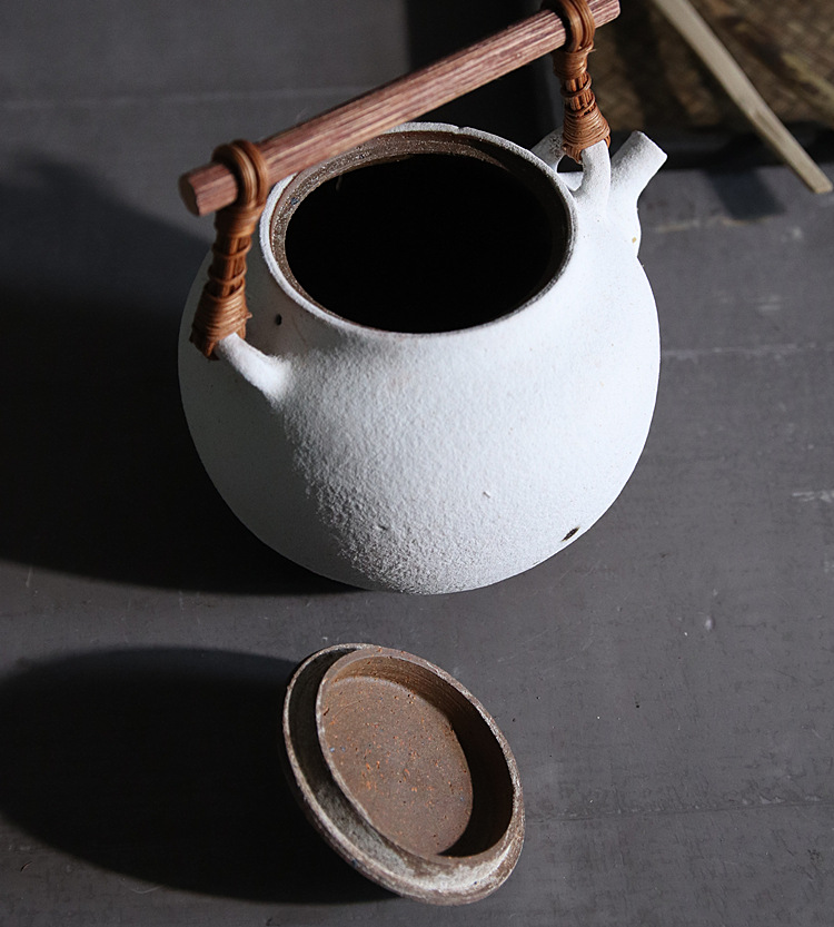 景德镇粉引粗陶手工柴烧大茶壶泡茶壶木柄提梁壶粗陶耐火大茶壶
