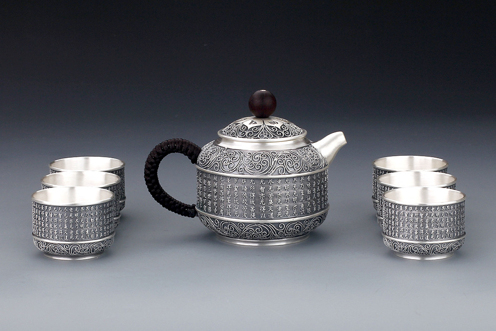 银器 银制品 银壶 纯银999 银茶具套装 银茶壶 银茶杯 心经图