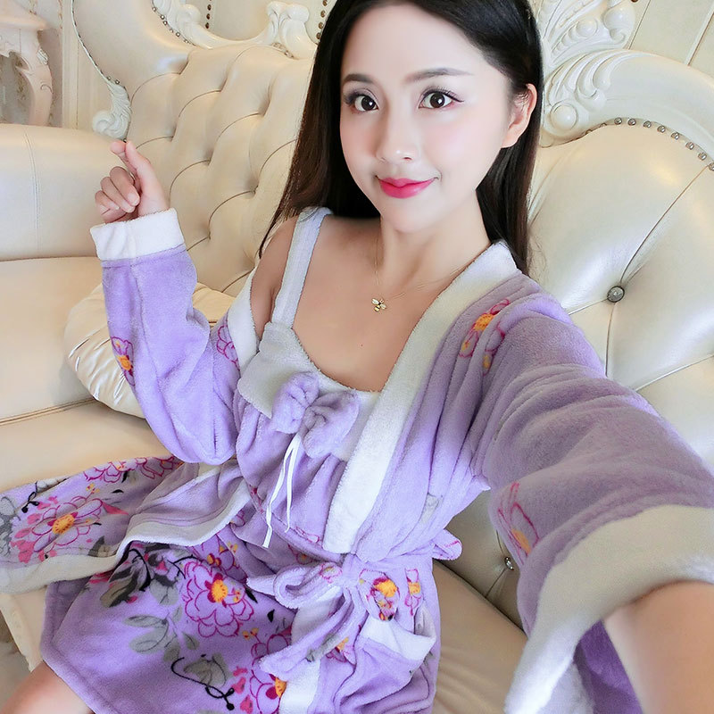 法兰绒性感吊带睡袍女两件套长袖睡衣女秋冬季加厚保暖宽松家居服