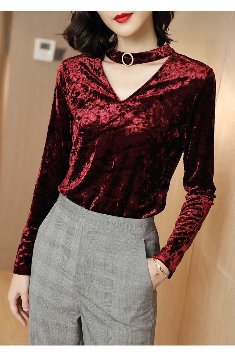 2018秋季新款修身显瘦长袖v领金丝绒绒衫 女式精品秋款上衣批发