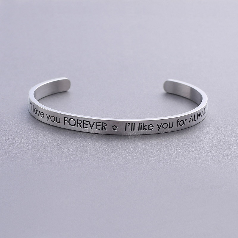 跨境手饰钛钢平面手镯英文刻字励志l love youc开口女士镀金手镯