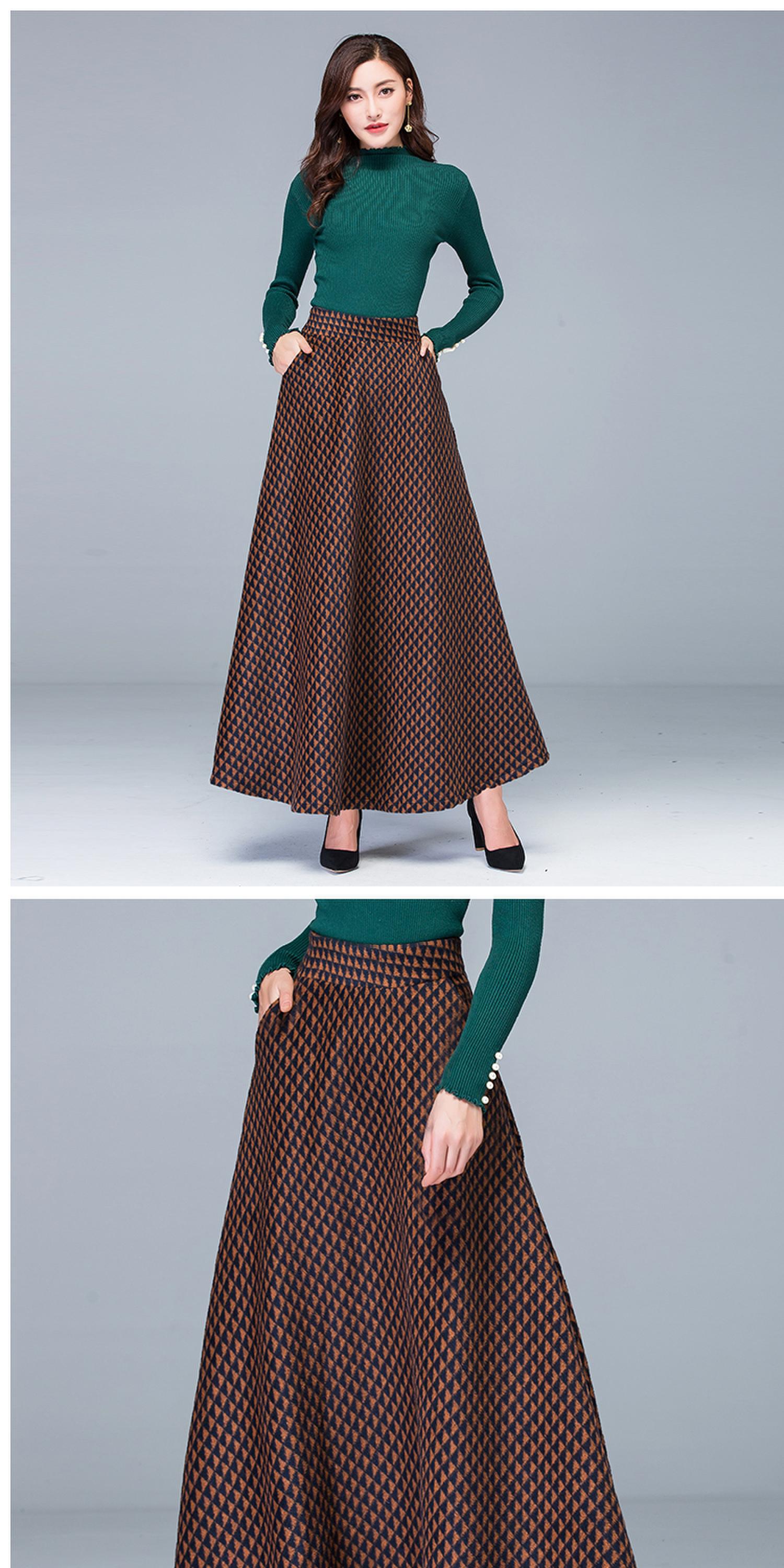 qzx2018秋冬新款毛呢格子半身长裙女高腰千鸟格大摆裙