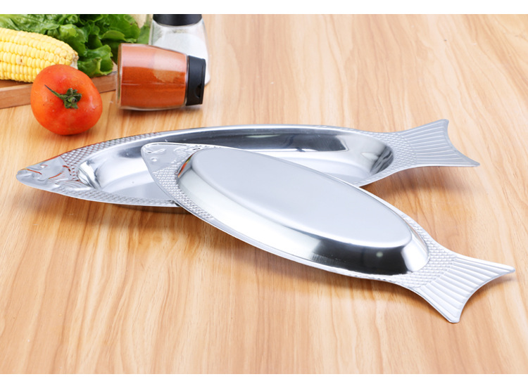 带磁不锈钢鱼形盘 蒸鱼盘 创意鳞边盘 烤鱼盘菜盘 烧烤长形盘批发