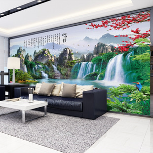 定做中式流水生财山水壁画无缝3d高清客厅沙发背景丝绸布墙画墙