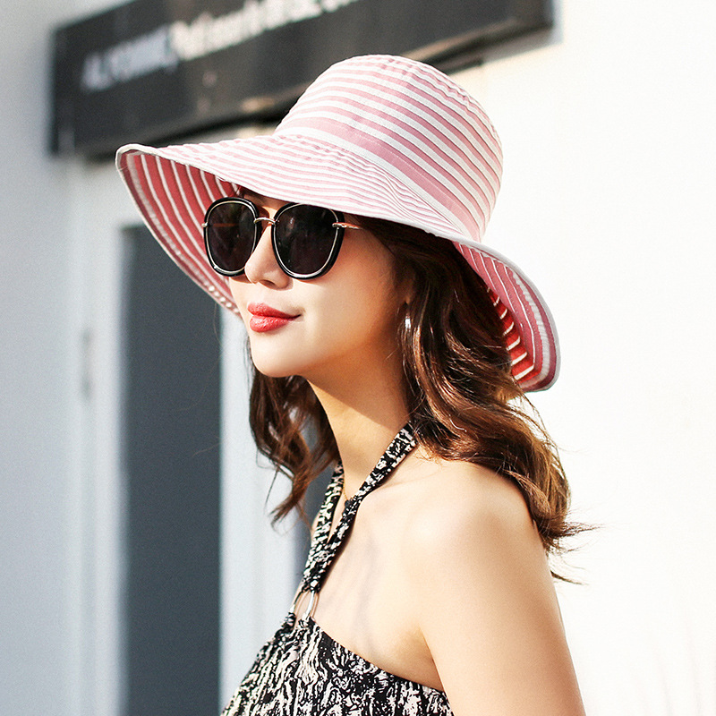 2018韩国大帽檐防晒太阳帽出游防晒折叠条纹沙滩帽子女潮空顶帽