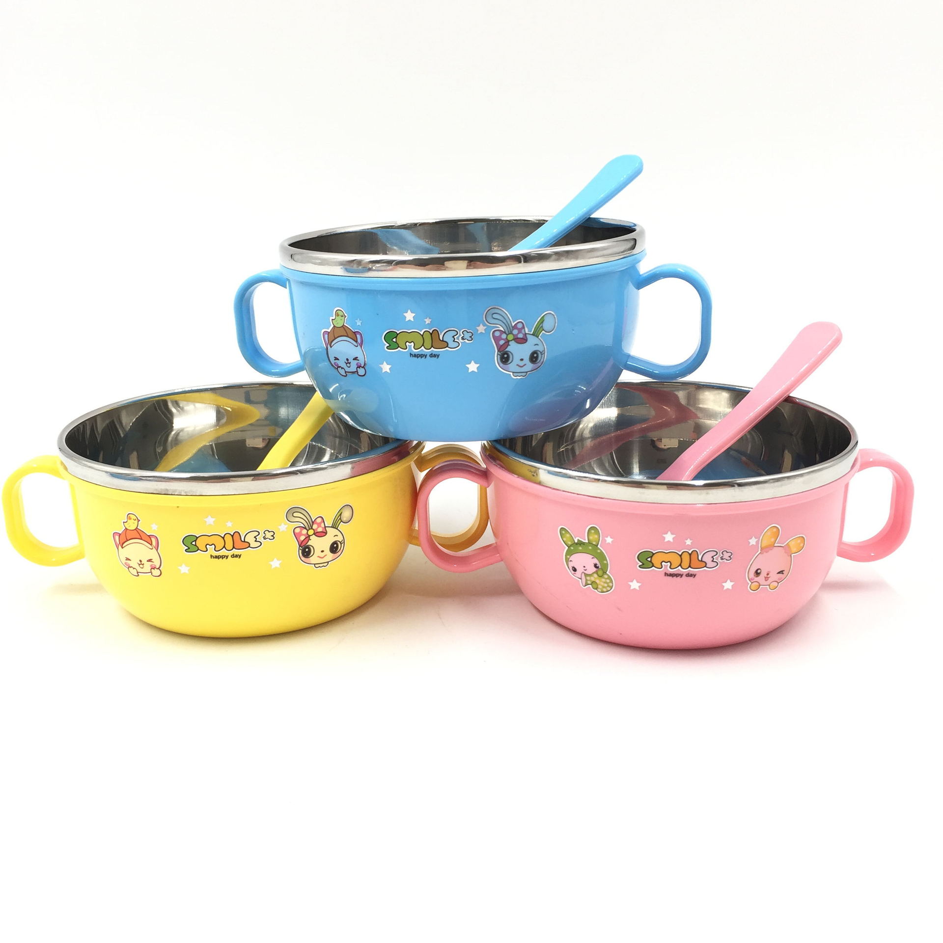 卡通不锈钢儿童双耳小碗可爱餐具防摔隔热宝宝辅食碗送勺子可定制