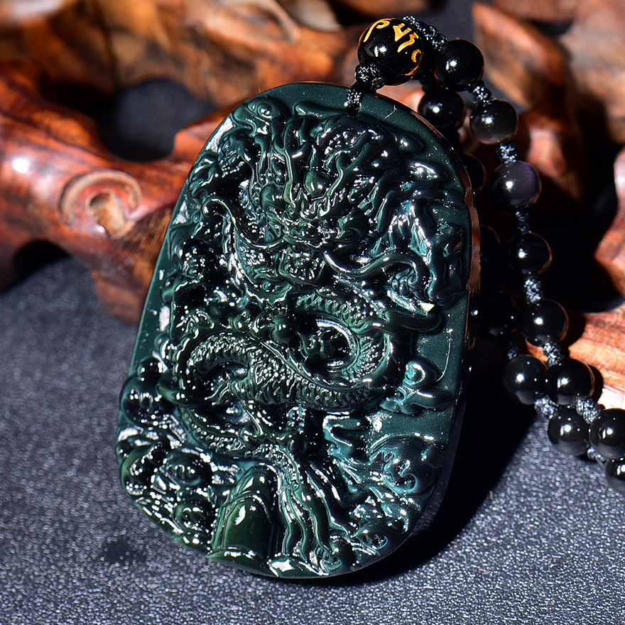 天然彩虹眼黑曜石龙牌吊坠四海龙王生肖属龙男士水晶项链-阿里巴巴