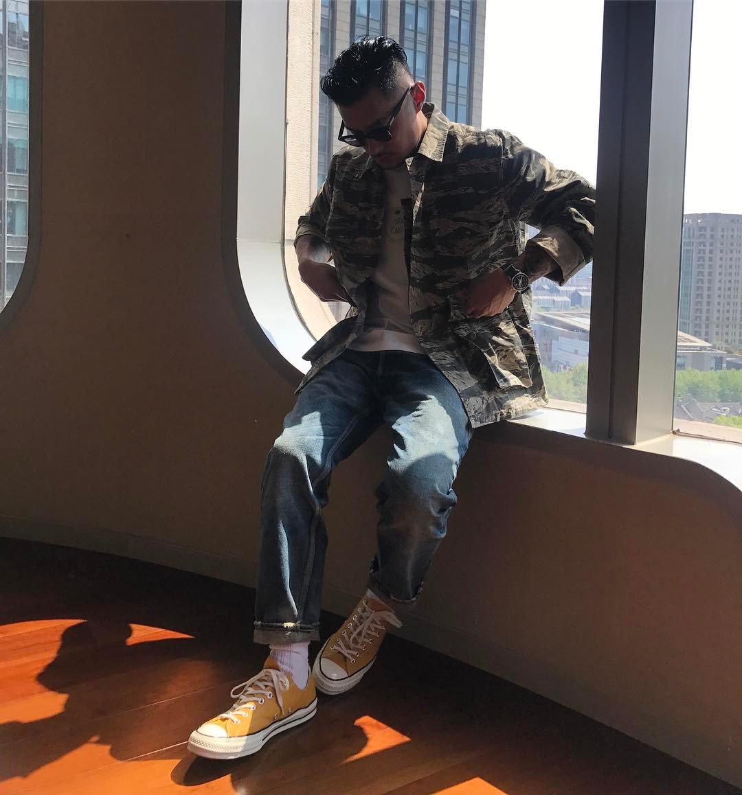 2018日系潮牌 余文乐 虎纹迷彩四口袋 衬衫工装夹克秋冬翻领外套