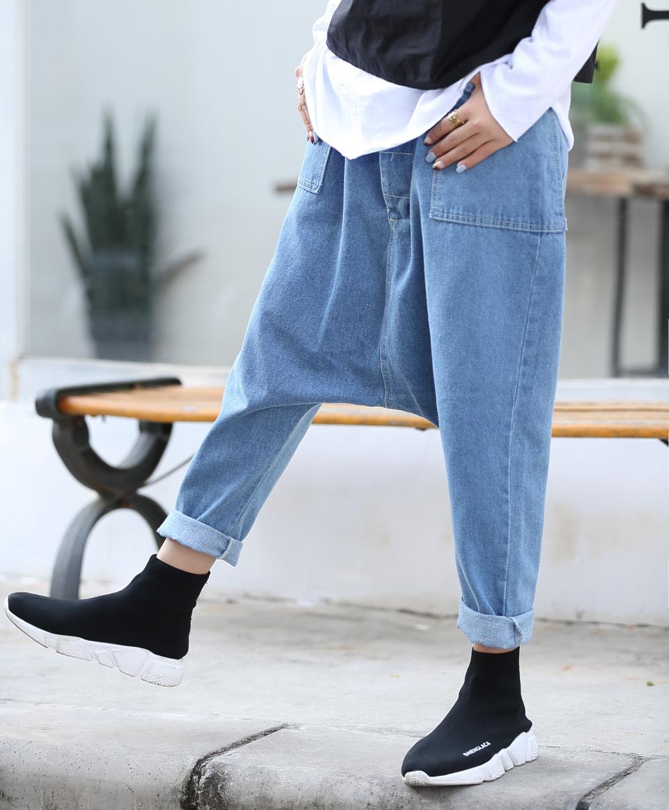 2018新款流浪个性吊裆洗水牛仔9分裤宽松舒适垮裤 女